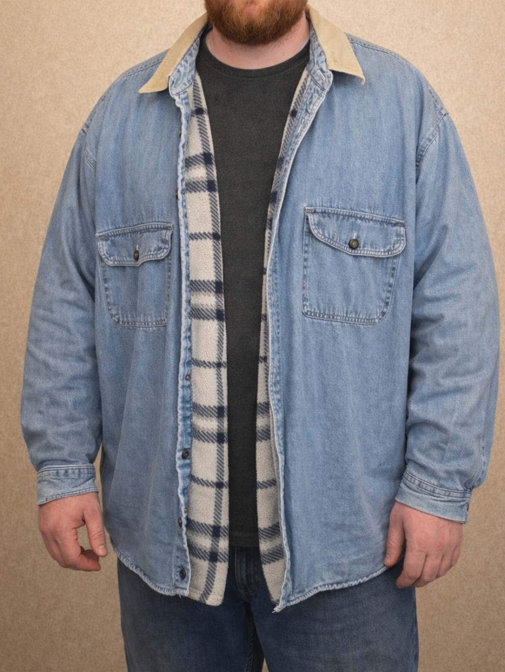Vintage Men's Light Blue Denim Work Jacket with Sherpa Lining